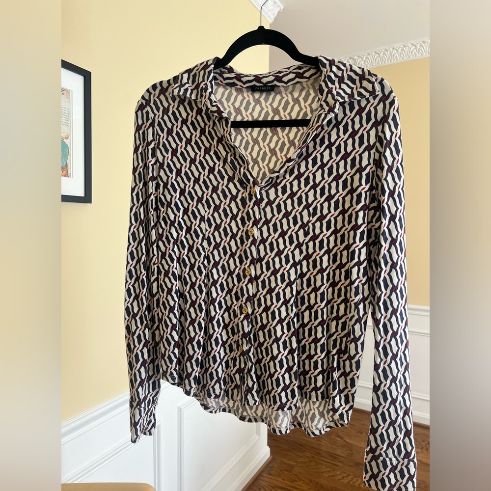Talbots navy and red Geometric Blouse